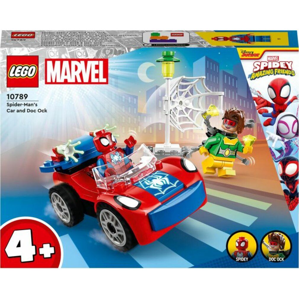 LEGO Marvel Set. Rotes Auto mit Spidey-Figur. Doc Ock und Spidey-Logo. Altersempfehlung 4+. Verpackung mit Spidey-Motiven.
