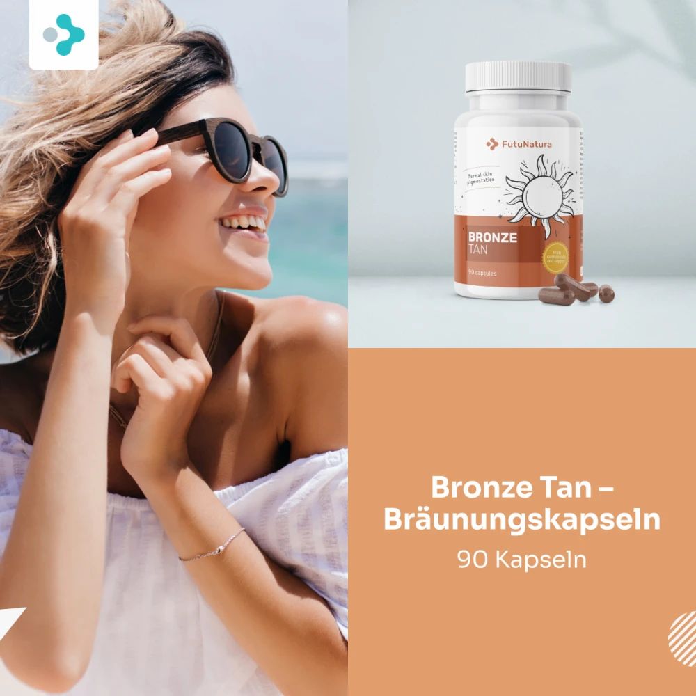 Flasche mit 90 Kapseln "Bronze Tan – Bräunungskapseln" von FutuNatura.