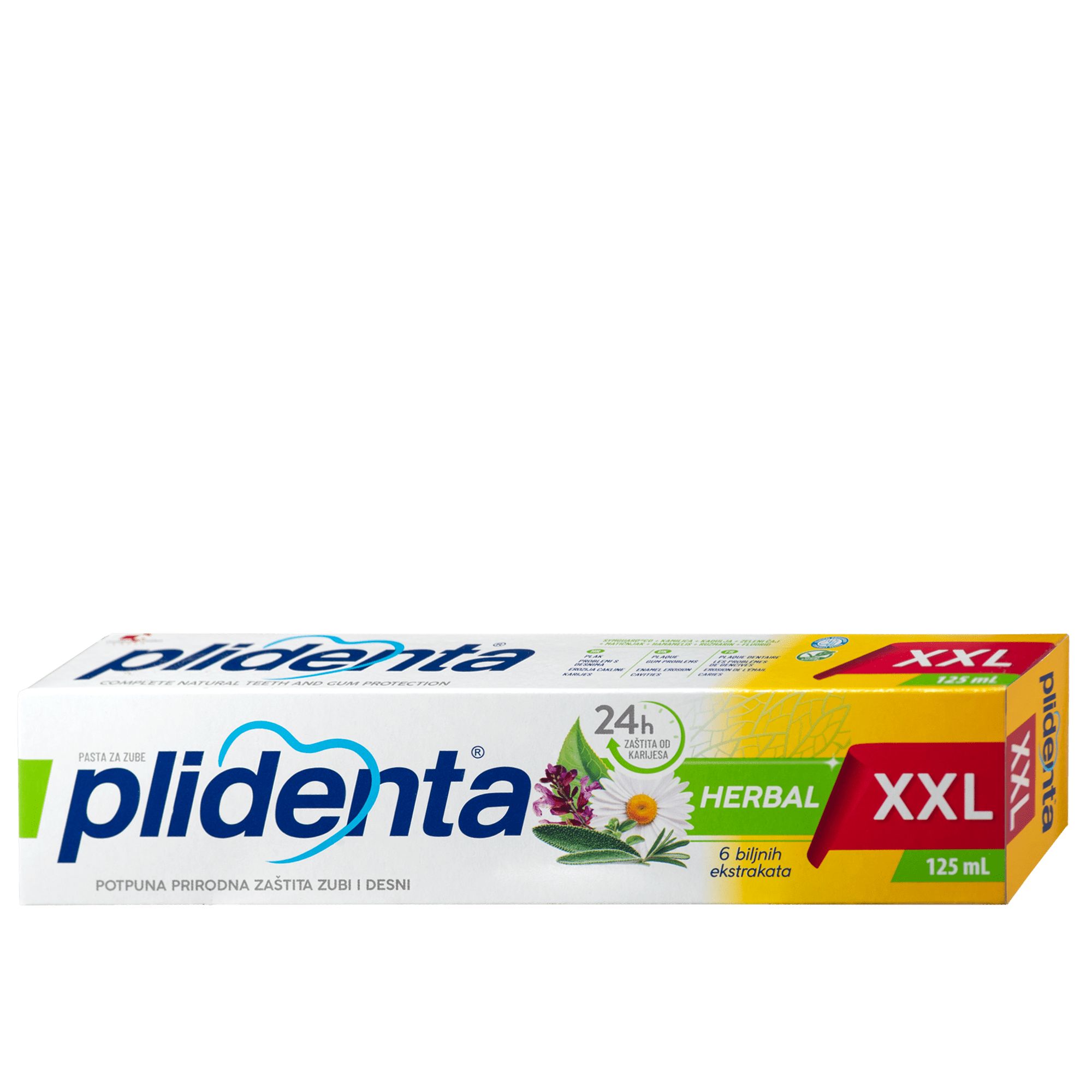 Zahnpasta-Schachtel, weiß mit grünen und gelben Akzenten. Aufschrift "plidenta XXL Herbal". Enthält 125 ml.