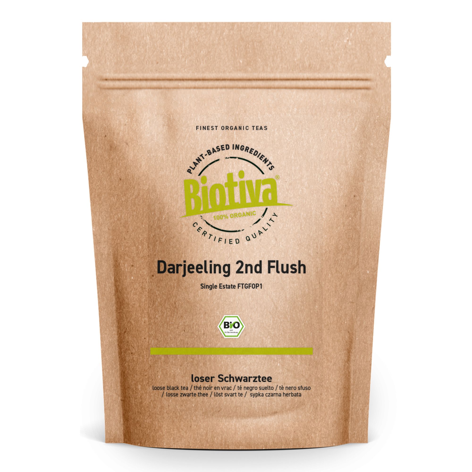 Beutel mit Biotiva Darjeeling Second Flush Tee. Braune Papierverpackung mit Logo und Produktbezeichnung. Bio-Siegel.