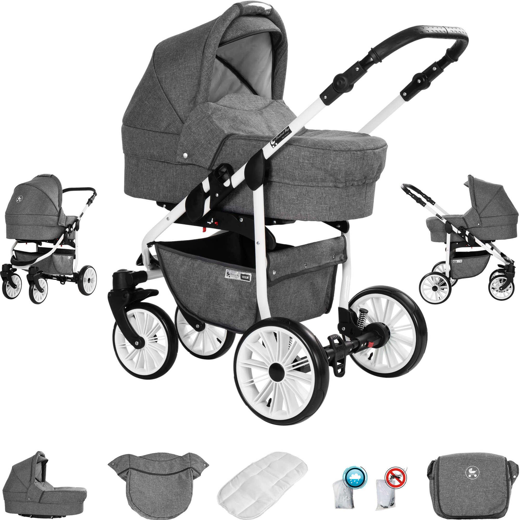 Friedrich Hugo Berlin 3 in 1 Kinderwagen mit Original Maxi Cosi, Luft Grey and Grey Day