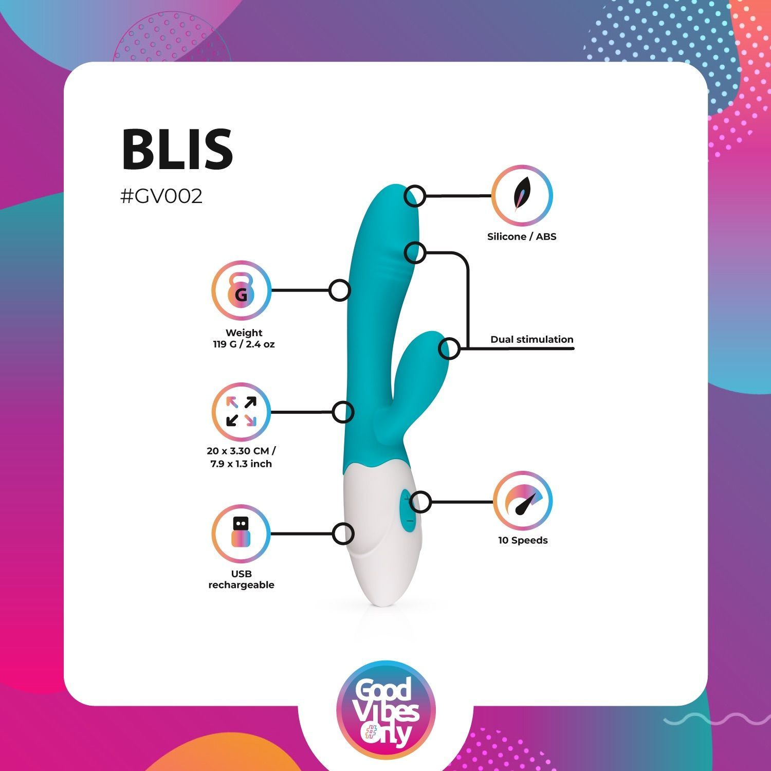Vibrateur turquoise et blanc avec informations produit. Comprend des détails sur le poids, la taille, le matériau, la vitesse et la recharge.