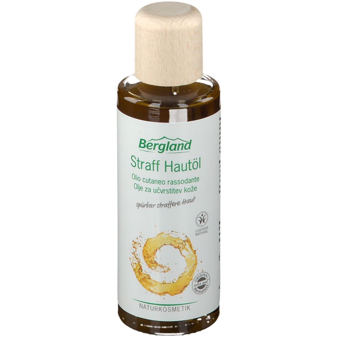 Bergland Straff Hautöl Flasche. Weißes Etikett mit Produktnamen und Logo. Holzfarbener Verschluss.