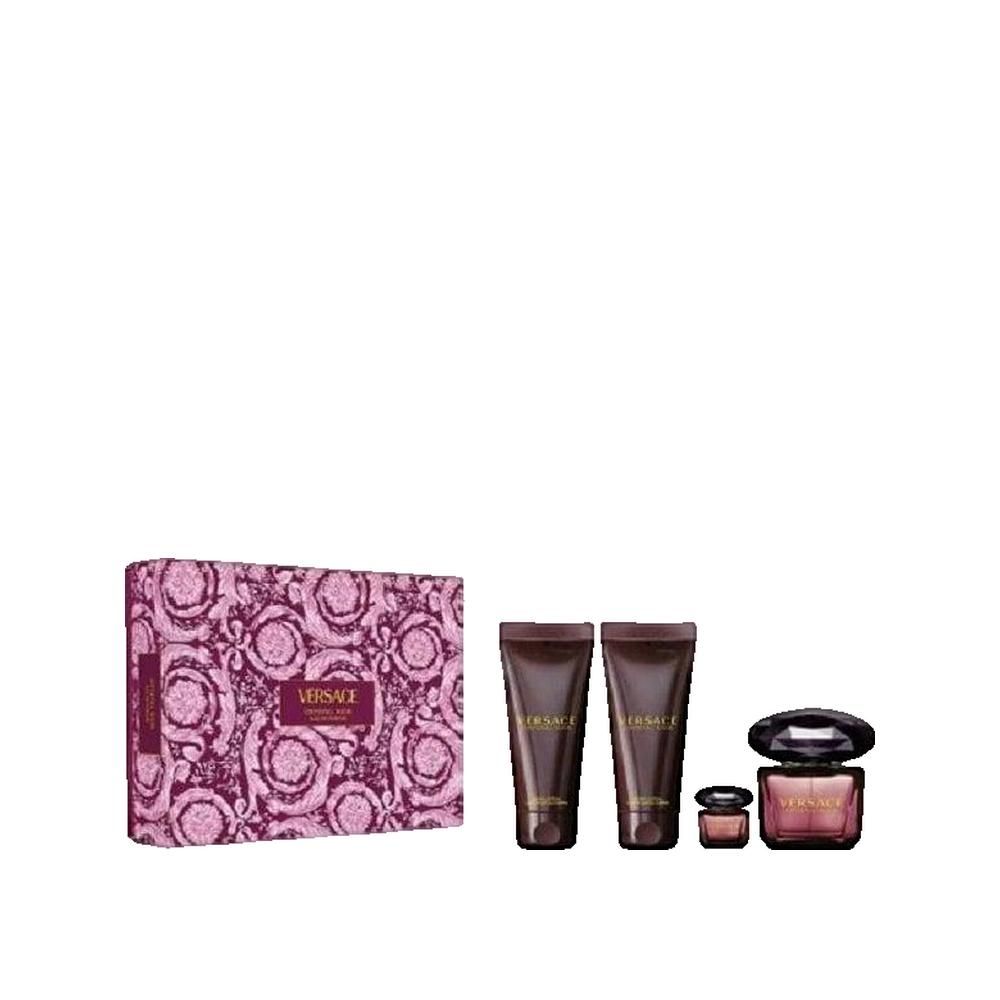 Versace Crystal Noir Geschenkset. Enthält eine Geschenkbox, zwei Tuben, einen kleinen Tiegel und eine Parfumflasche. Lila und braune Farbtöne.