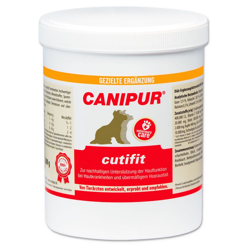 Weißer Behälter mit Deckel. Aufschrift CANIPUR cutifit. Enthält Informationen zur Unterstützung der Hautfunktion bei Hunden.