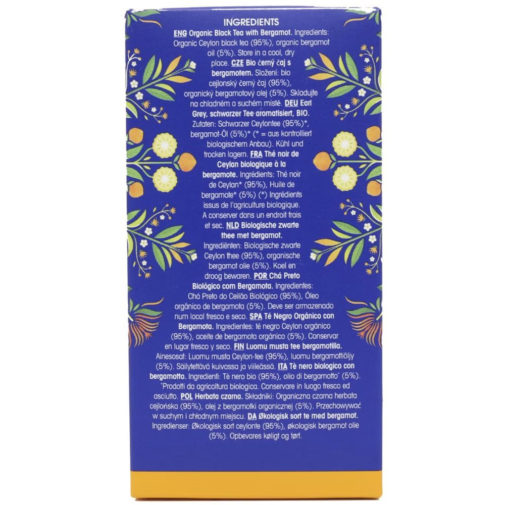 Rückseite einer blauen Schachtel mit Zutatenliste in verschiedenen Sprachen. Aufdruck: English Tea Shop, Organic.