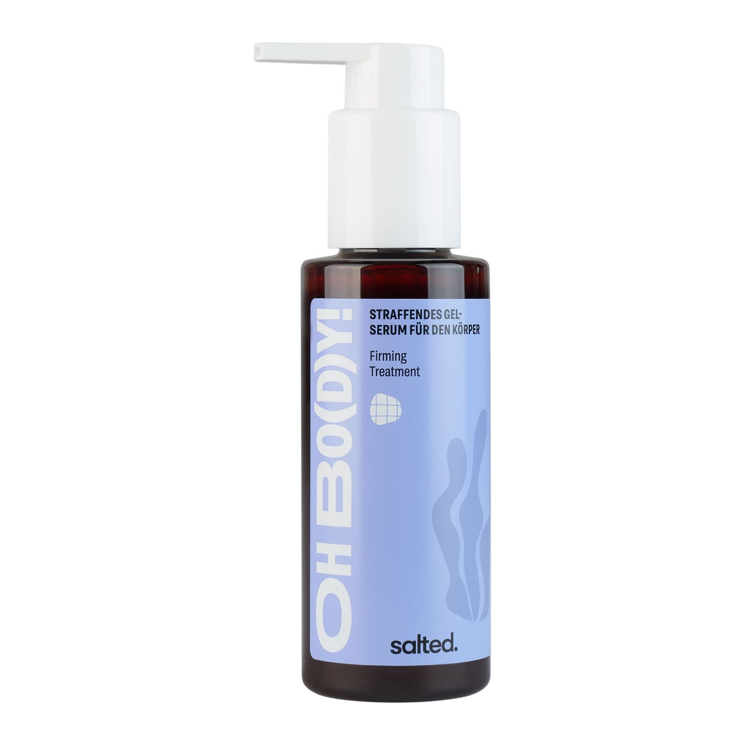 Flasche mit Pumpspender, "Oh Bo(dy)!" Straffendes Gel-Serum für den Körper, auf neutralem Hintergrund.
