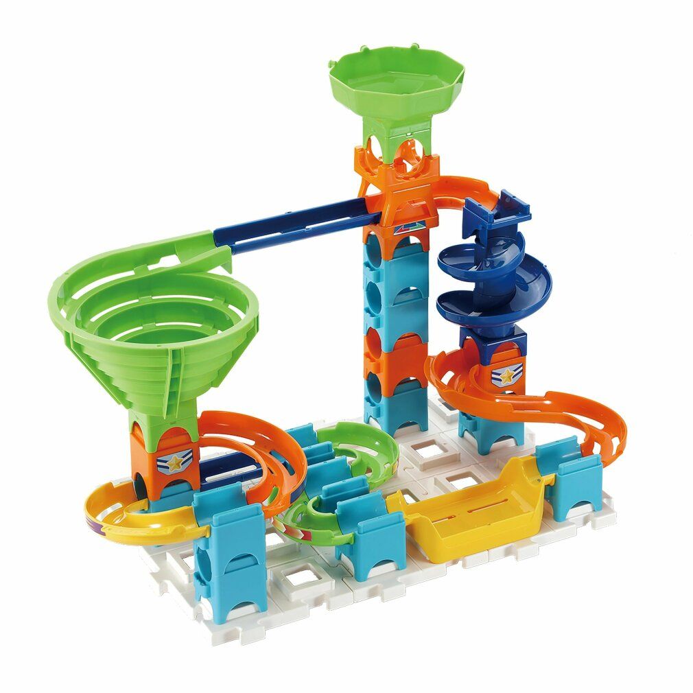 VTech Marble Rush Ultimate Set. Bunte Konstruktion mit Bahnen, Trichter, Karussell und Rampen.