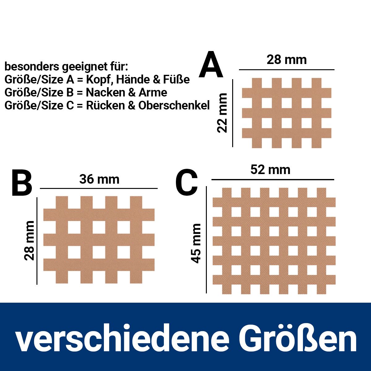 Drei Größen von HIXO Gitterpflaster: A (22x28mm), B (36x28mm), C (52x45mm).