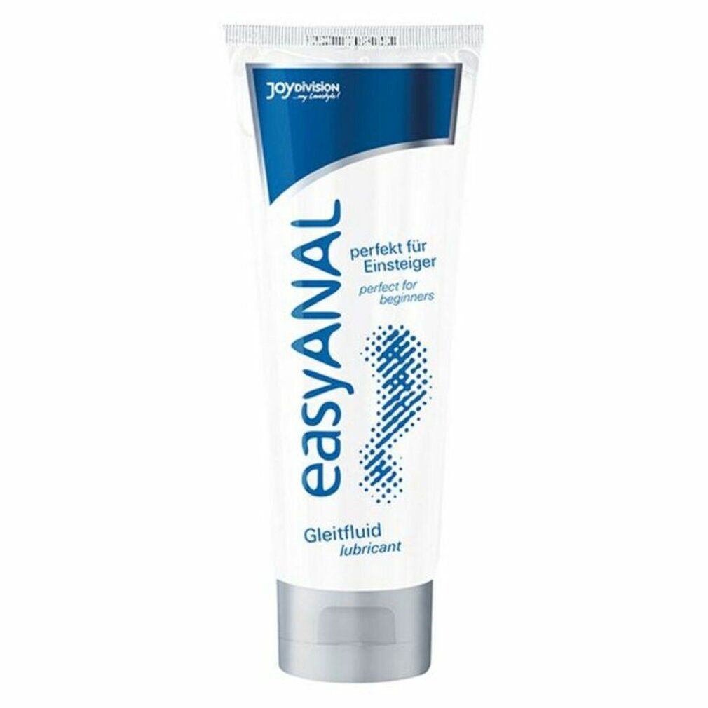 Tube mit Gleitmittel. Weiß, blau und silberfarben. Aufschrift: easyANAL, Gleitfluid, perfekt für Einsteiger.