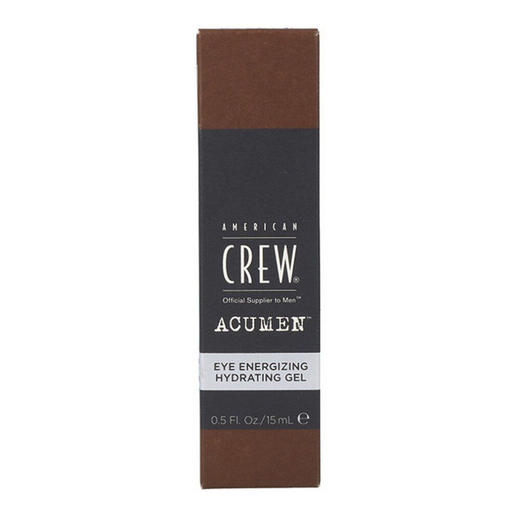 Braune Schachtel mit schwarzem Feld. Aufschrift: American Crew, Acumen, Eye Energizing Hydrating Gel. 0,5 Fl. Oz/15mL.