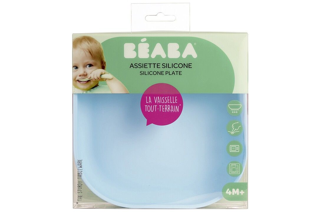Verpackung mit Baby-Teller. Marke BEABA, Produktname ASSIETTE SILICONE. Altersempfehlung 4M+.