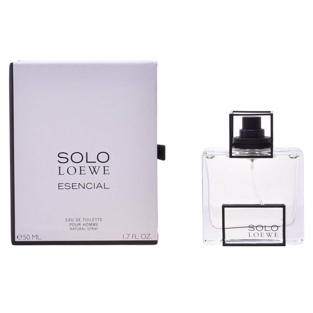 Flakon und Verpackung. Flakon quadratisch, Glas, schwarz. Verpackung weiß, schwarz. Aufschrift SOLO LOEWE ESENCIAL.