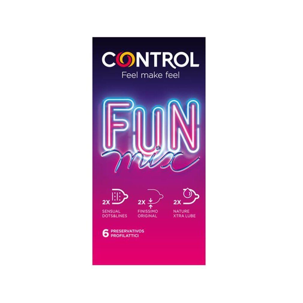 Verpackung von Control Fun Mix Kondomen, 6 Stück. Enthält 2x Sensual Dots&Lines, 2x Finissimo Original, 2x Nature Xtra Lube.