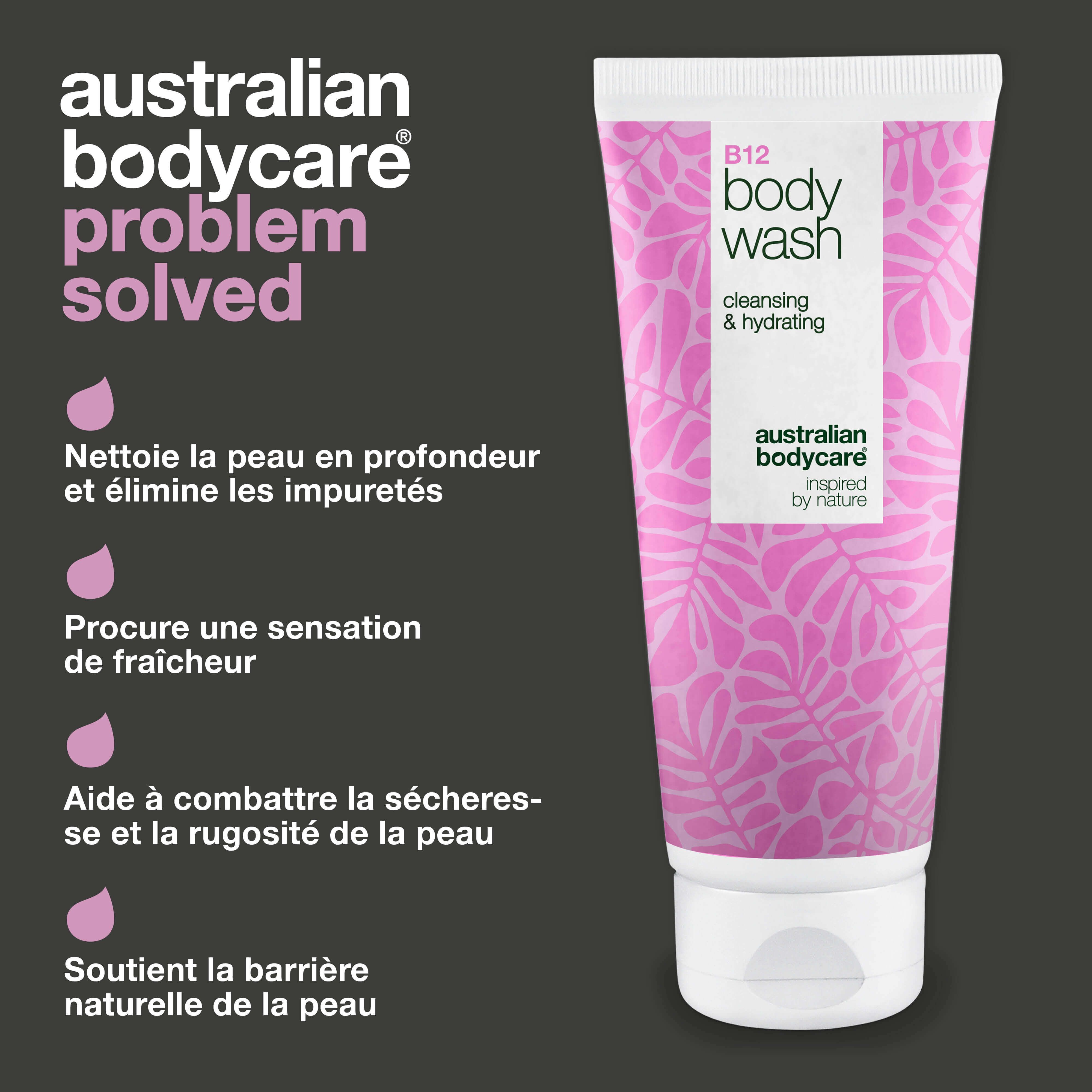 Texte : Australian Bodycare Problem Solved. Droite : tube B12 body wash. Texte : nettoie en profondeur, élimine les impuretés, rafraîchit, combat la sécheresse, soutient la barrière cutanée.