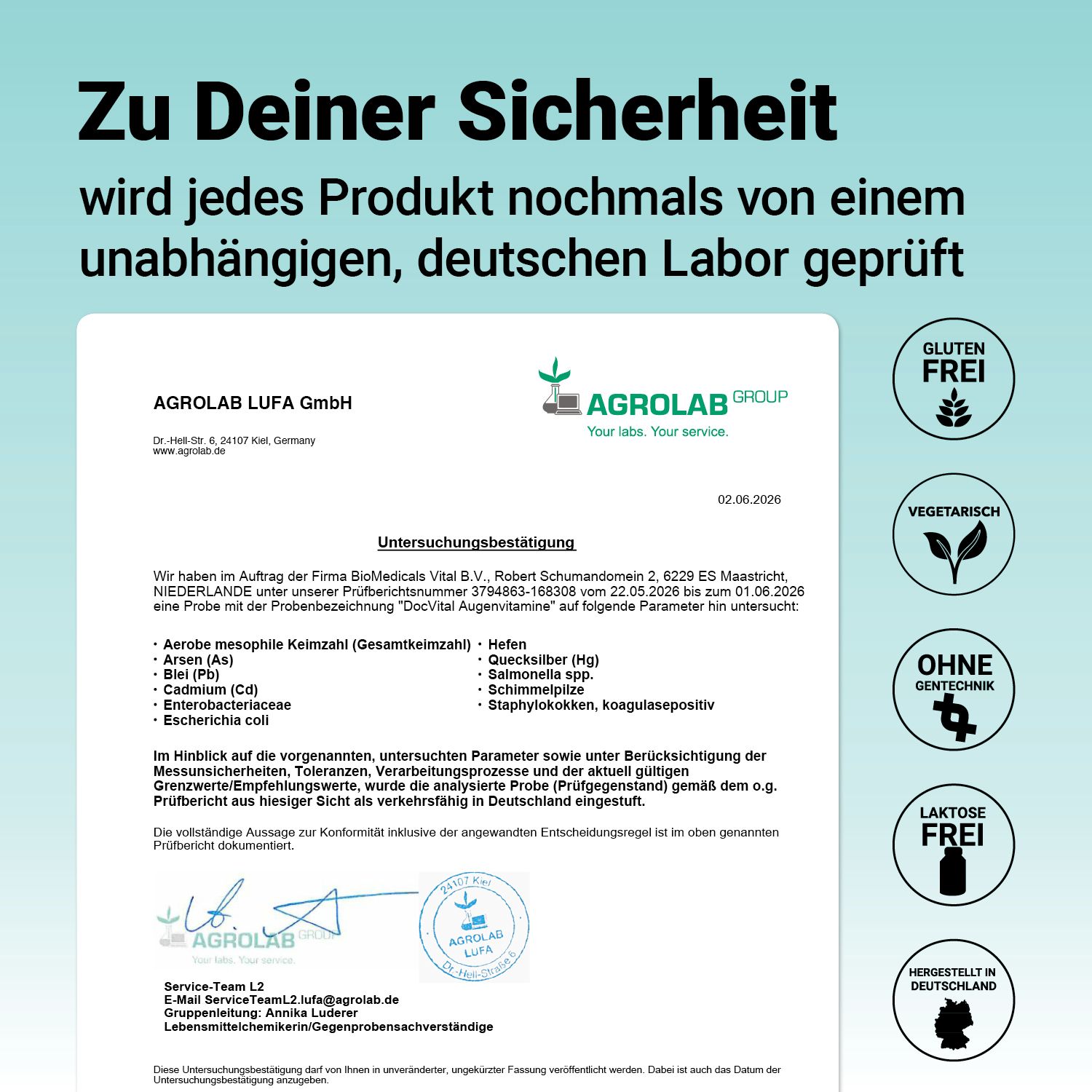 Laborbericht: Glutenfrei, vegetarisch, ohne Gentechnik, laktosefrei, hergestellt in Deutschland.