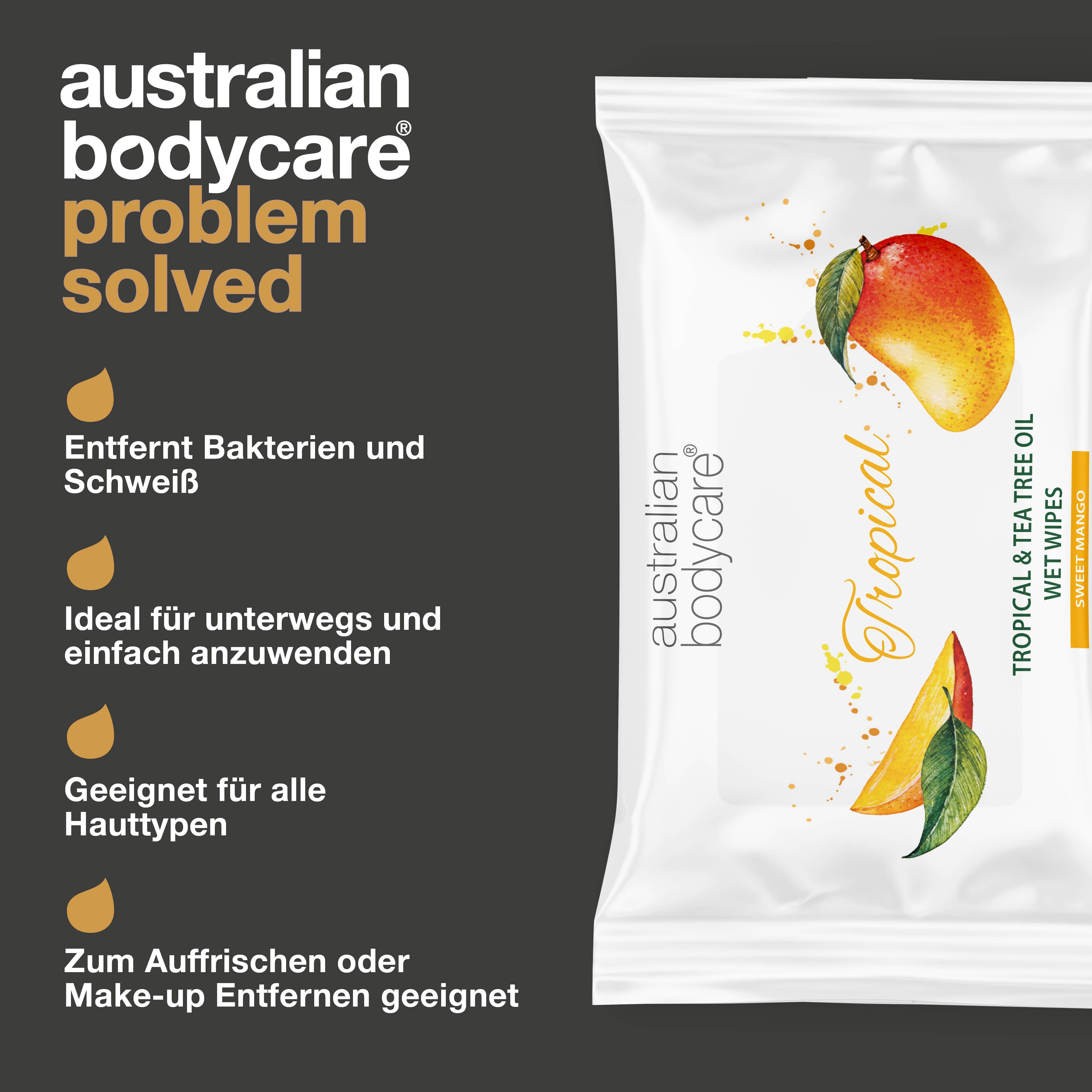 Feuchttuch-Verpackung. Text: Problem gelöst. Wörter: Entfernt Bakterien und Schweiß. Ideal für unterwegs.