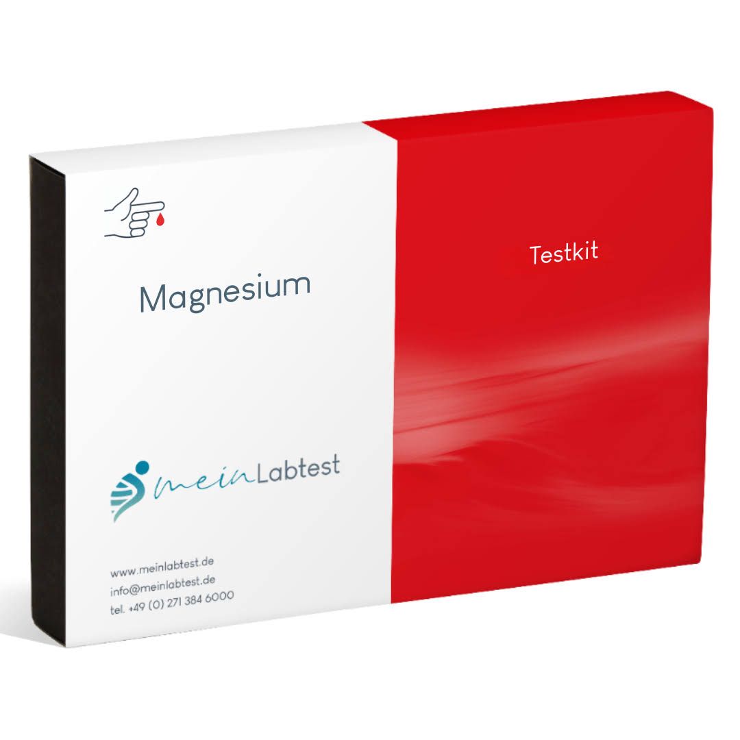 Magnesium-Testkit von meinLabtest. Weiß-roter Karton mit Produkt- und Markenlogo. Aufschrift "Testkit".