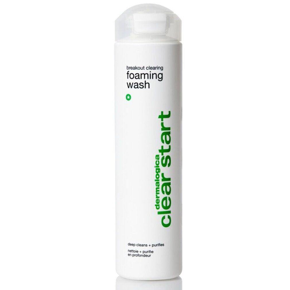 Weißes zylindrisches Produkt mit grünem Text: clear start, breakout clearing foaming wash. Transparenter Deckel. Text: deep cleans + purifies.