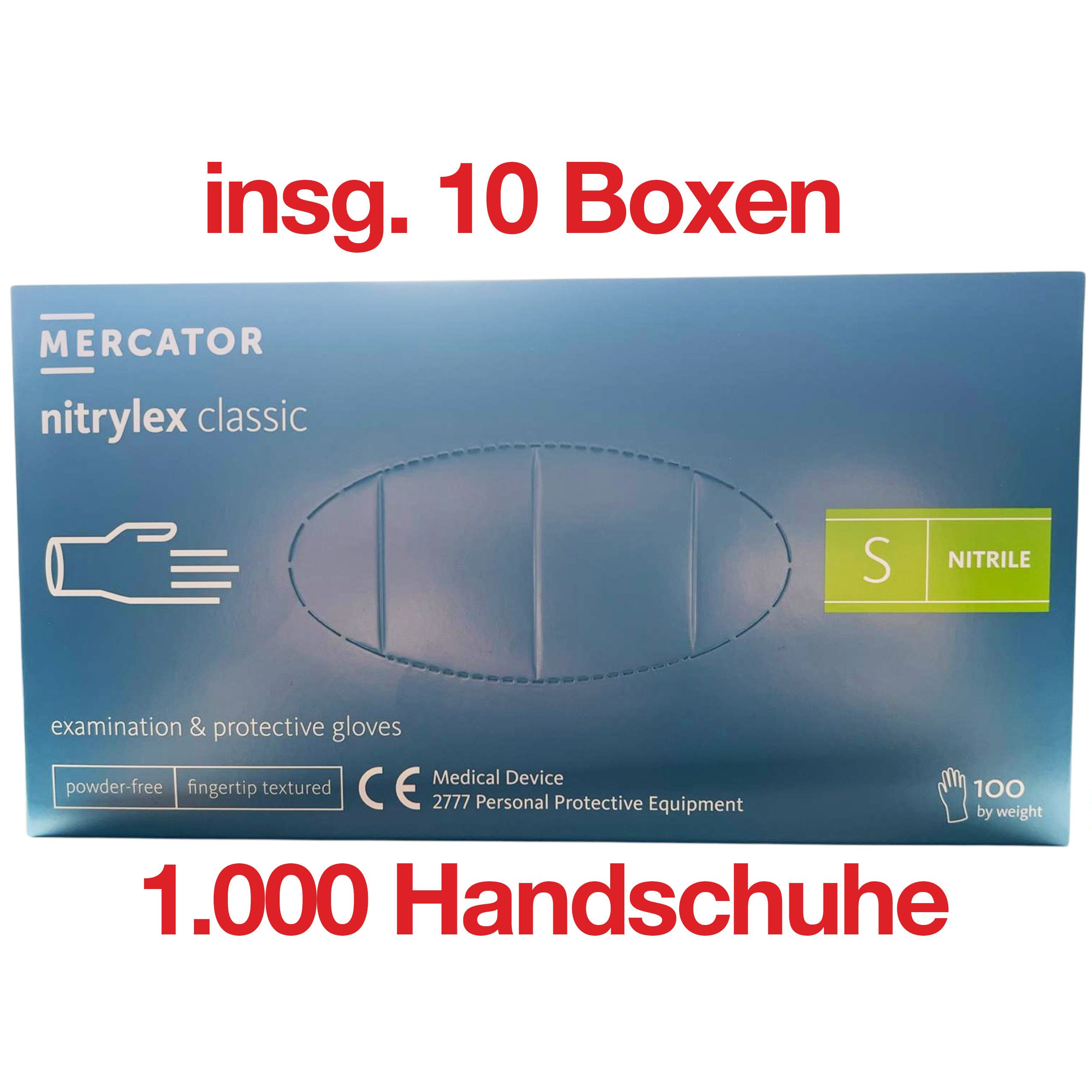 Blaue Schachtel mit Handschuhen. Aufschrift: Mercator nitrylex classic S, Nitril. 100 Stück. CE-Kennzeichnung. Text: 10 Boxen, 1.000 Handschuhe.