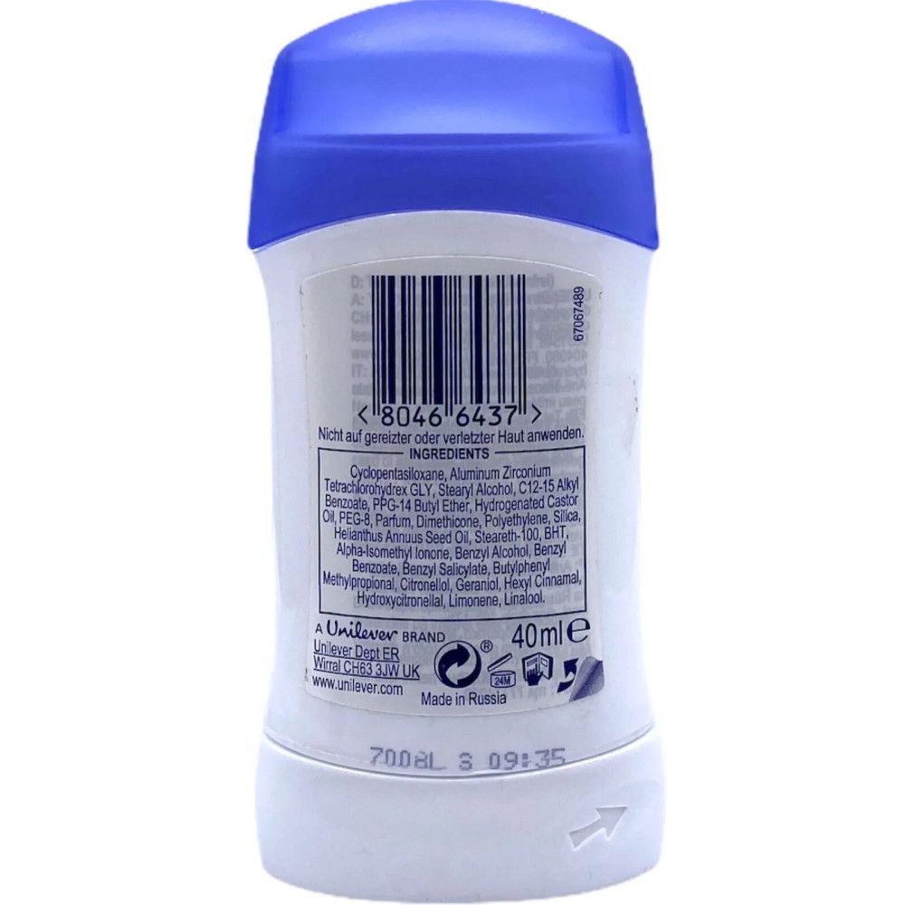 Rückseite eines Dove Original Deosticks. Barcode, Inhaltsstoffe, Unilever-Logo, 40ml. Made in Russia.