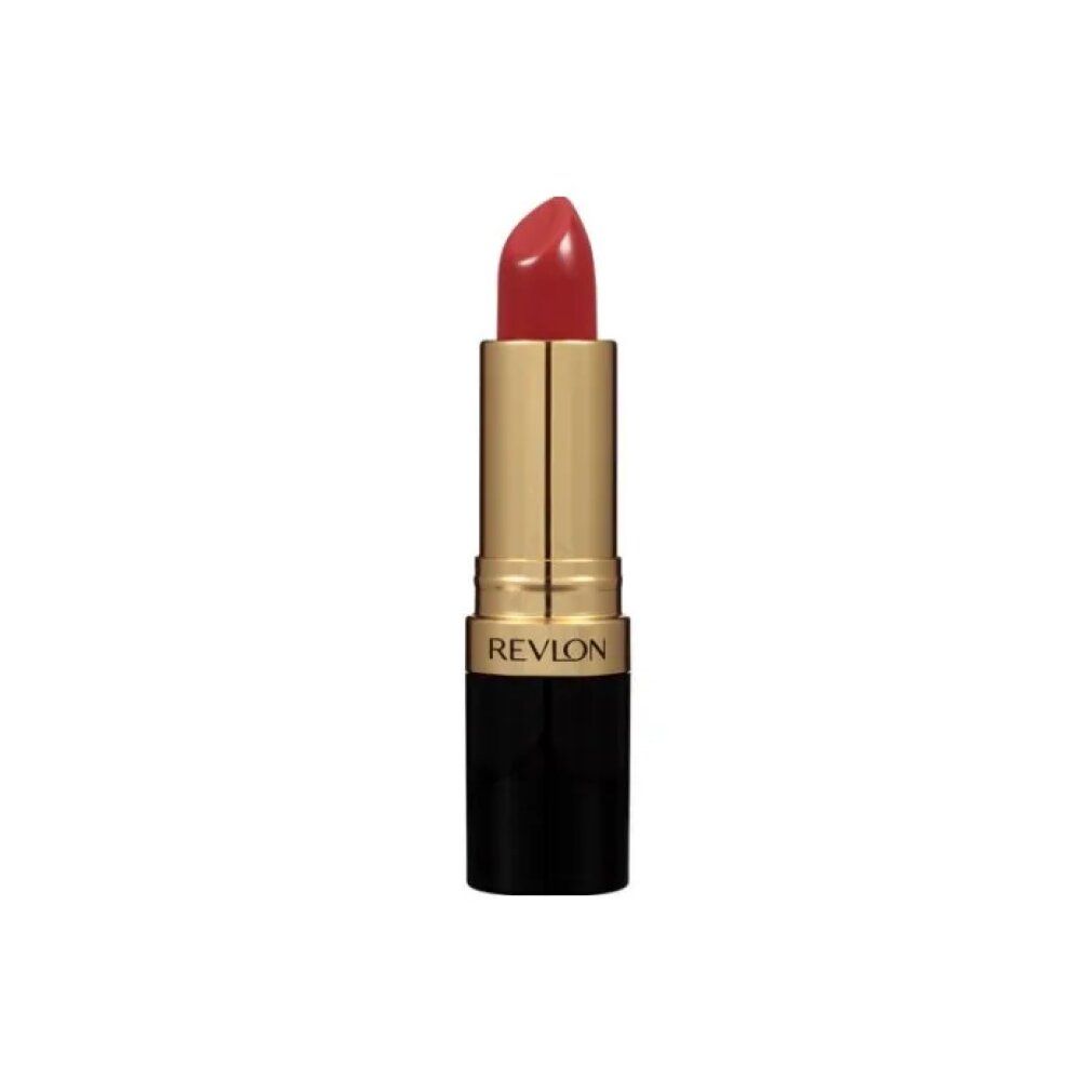 Lippenstift mit roter Spitze. Goldfarbener Mittelteil, schwarzer Boden. Aufschrift: REVLON.