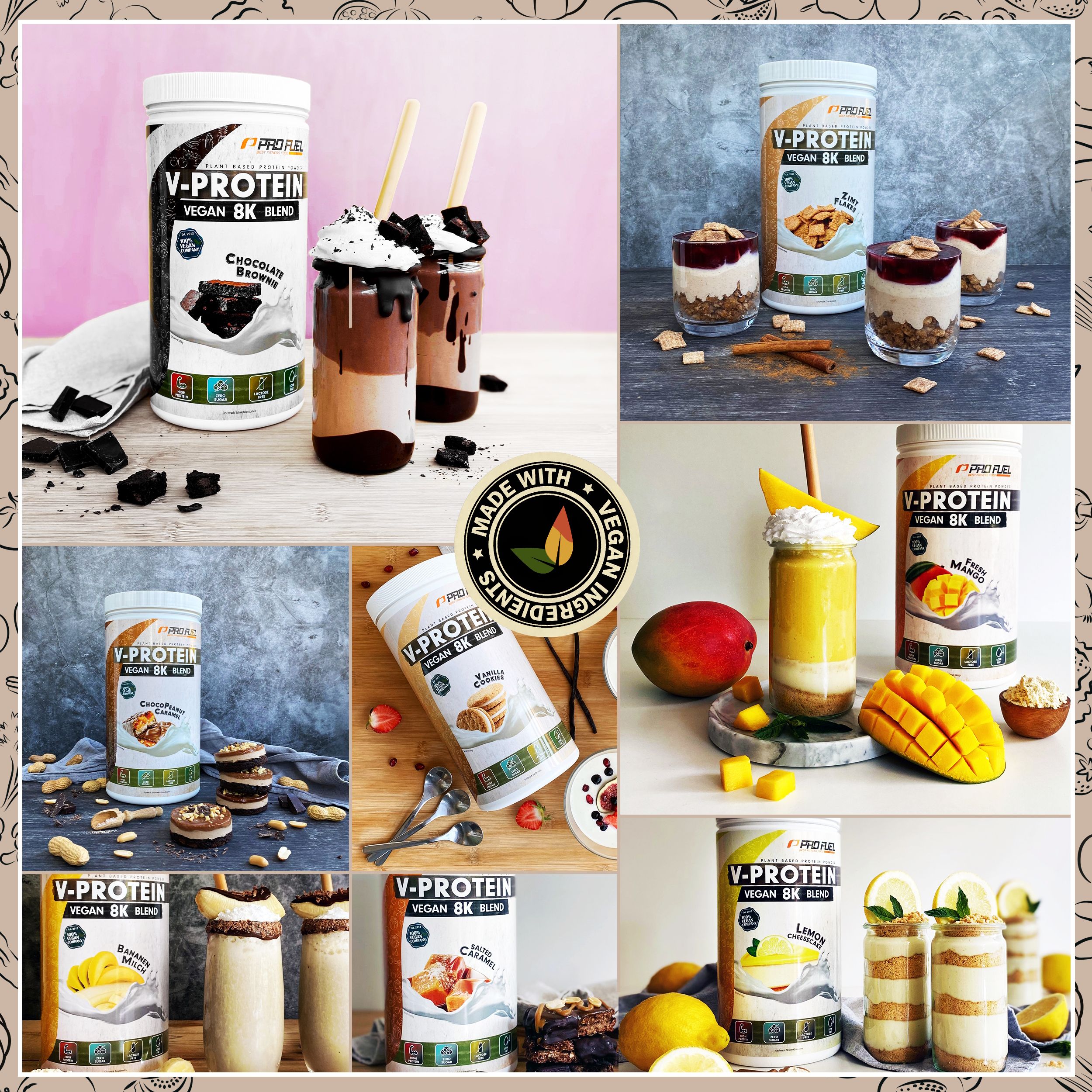 Pro Fuel V-Protein 8K: Collage mit verschiedenen Geschmacksrichtungen und Zubereitungen.
