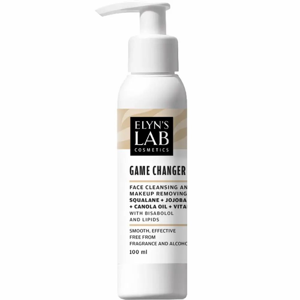 Weiße Flasche mit Pumpe. Etikett mit "ELYN'S LAB" und "Game Changer". Text: Gesichtsreinigung, Make-up Entfernung.