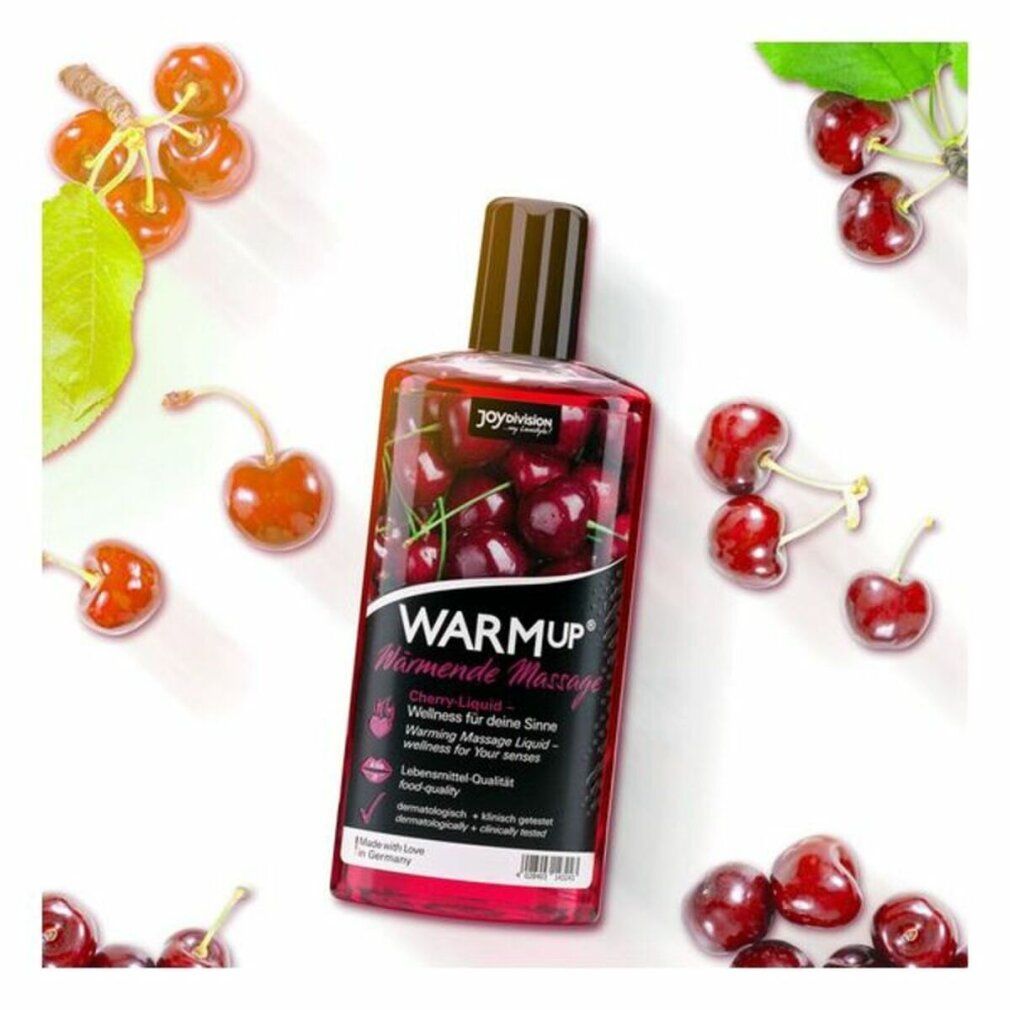 Flasche mit roter Flüssigkeit, schwarzem Deckel. Kirschen umgeben die Flasche. Aufschrift: WARMUP, Cherry.