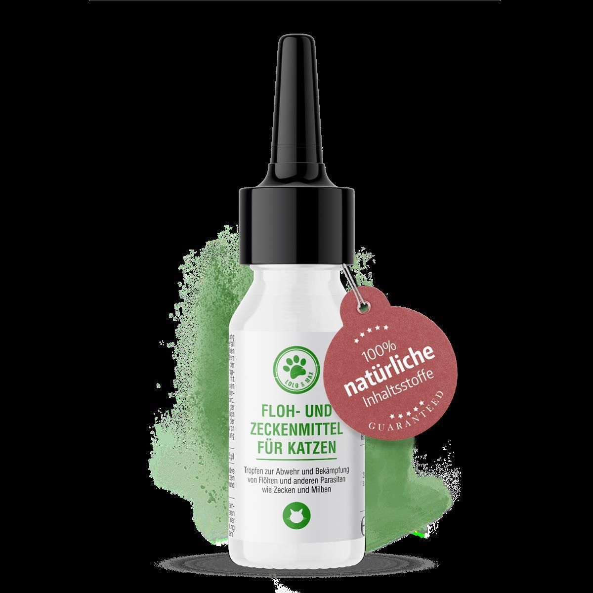 Tropfenflasche für Katzen. Weißes Fläschchen mit schwarzem Verschluss und rotem Anhänger. Aufschrift: Flohmittel für Katzen.