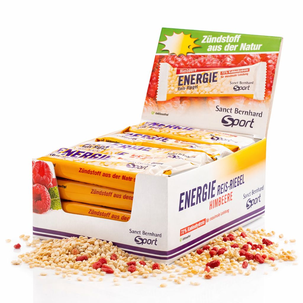 Verpackung mit Sanct Bernhard Sport Energie Reis-Riegeln, Himbeergeschmack.