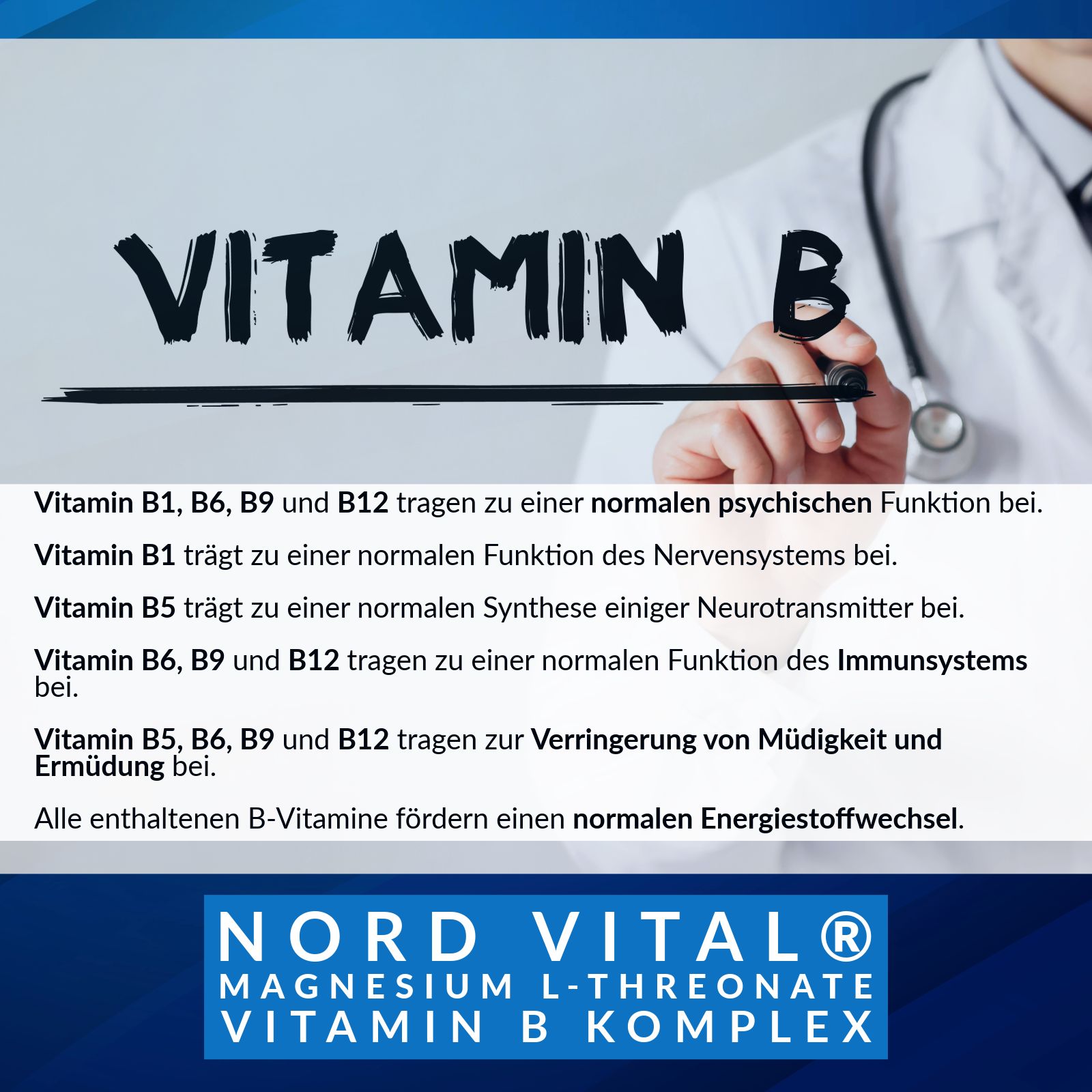 Text über Vitamin B. Vitamin B1, B6, B9 und B12 tragen zur normalen psychischen Funktion bei. Nord Vital Magnesium Vitamin B Komplex.