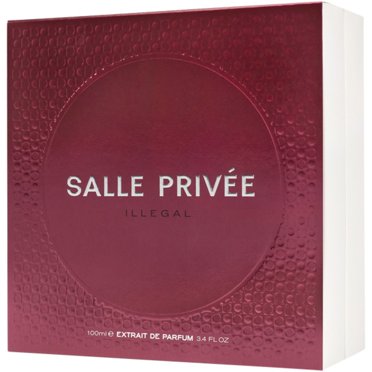 Quadratische Verpackung, rot mit weißem Rand. Aufschrift: SALLE PRIVÉE, ILLEGAL, Extrait de Parfum.