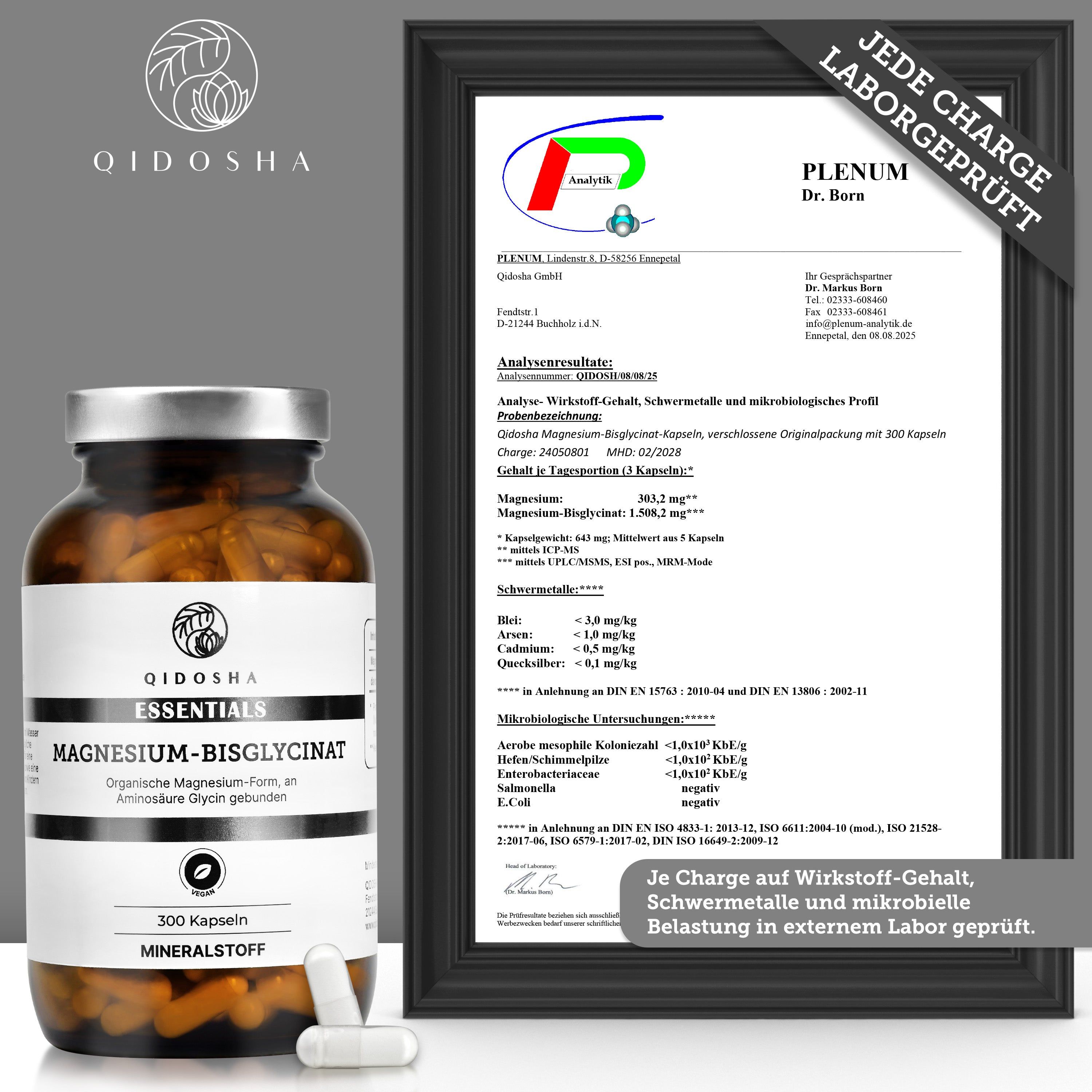 QIDOSHA Magnesium-Bisglycinat: Flasche mit 300 Kapseln und Laborprüfbericht von PLENUM.
