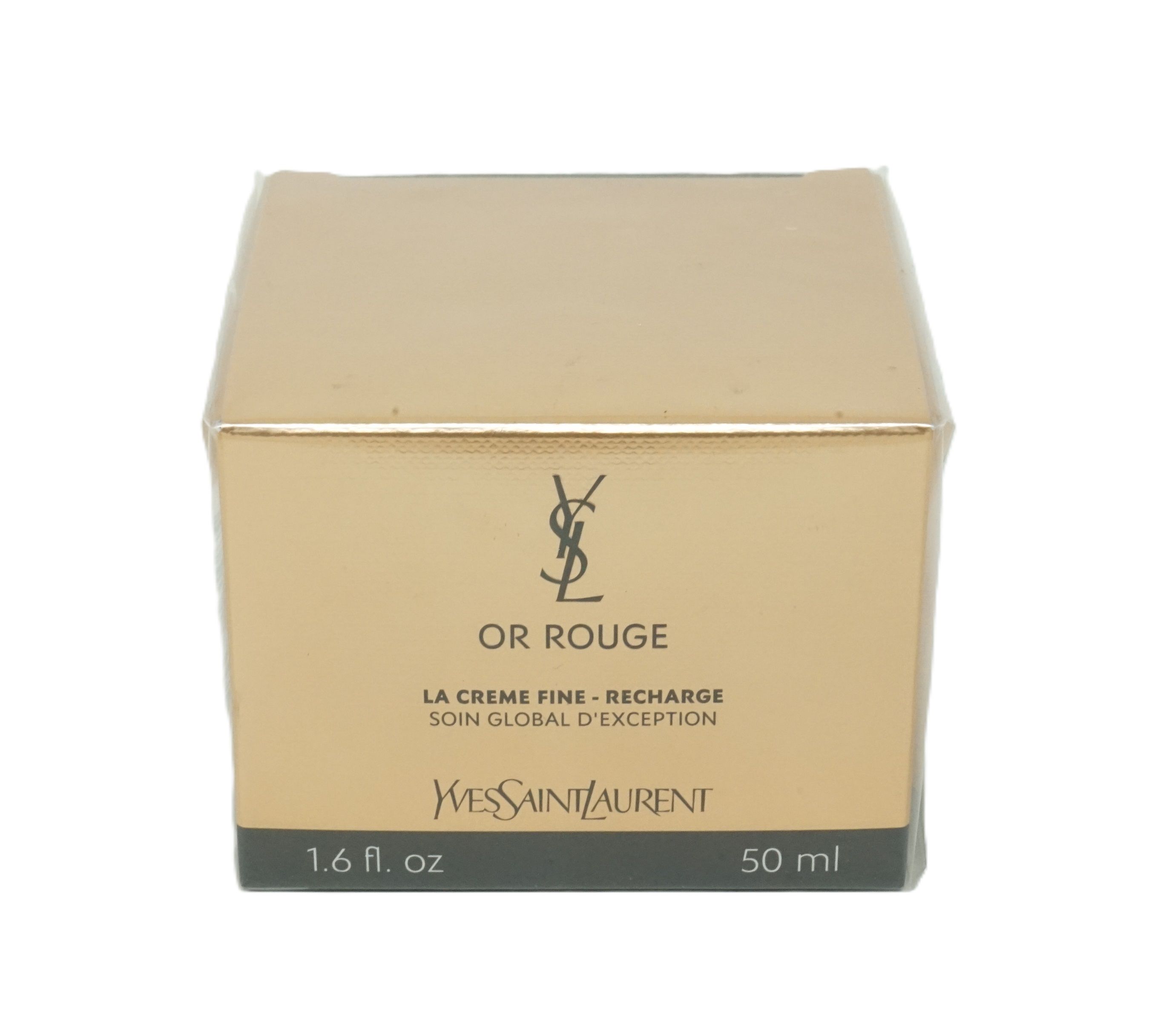 Goldfarbene Schachtel mit "OR ROUGE" und "Yves Saint Laurent" Schriftzug. Enthält "LA CREME FINE - RECHARGE". Volumen: 50 ml.