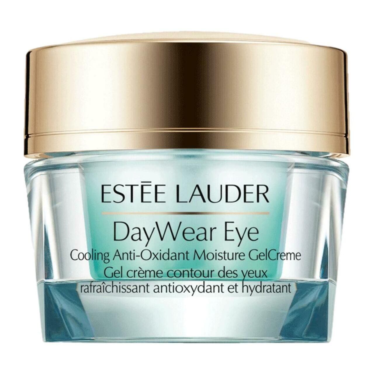 Estée Lauder DayWear Eye Gel-Creme. Glasbehälter mit goldfarbenem Deckel. Text: DayWear Eye, Cooling Anti-Oxidant Moisture GelCreme.