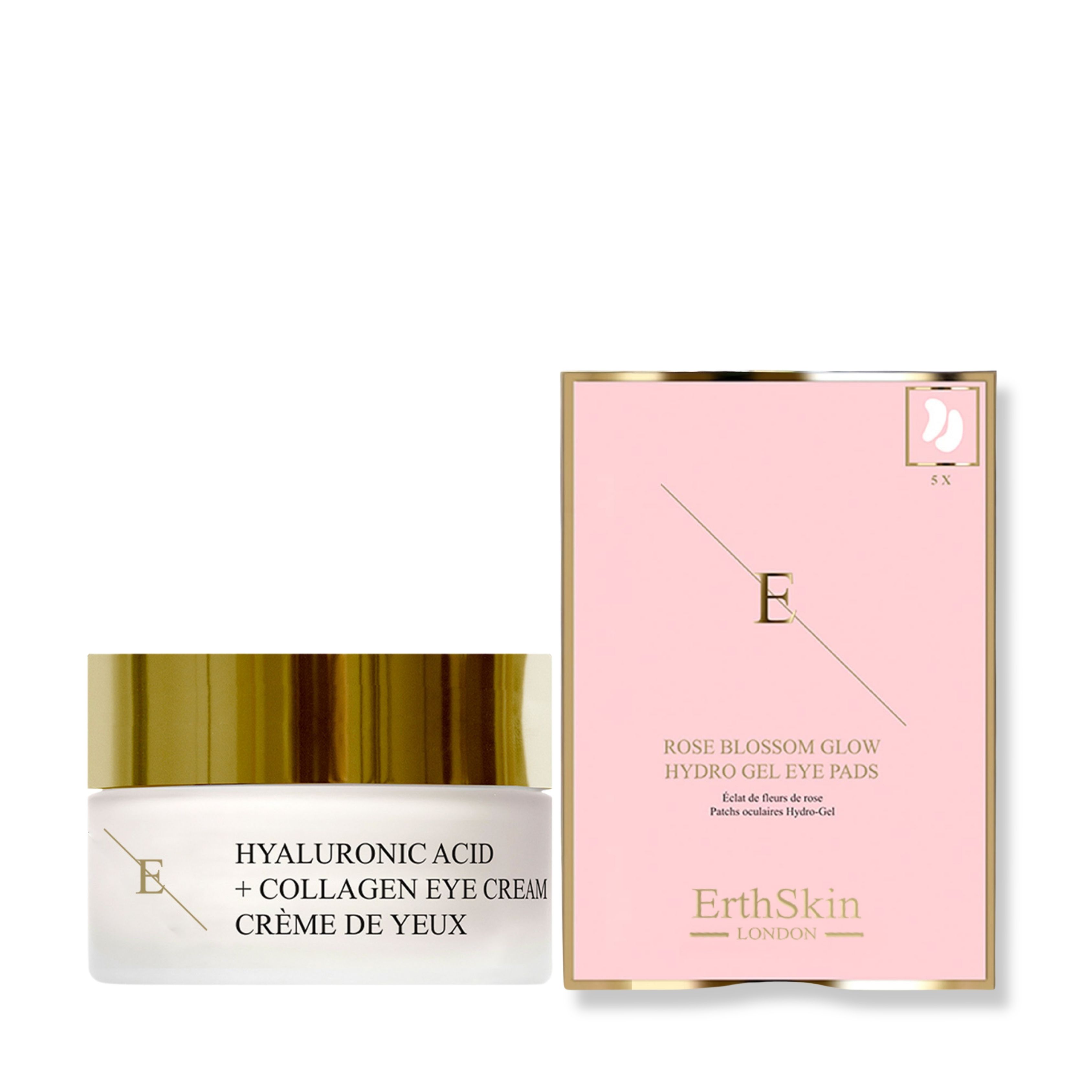 Augencreme-Behälter und Augenpads-Verpackung. Aufschrift: Hyaluronsäure + Collagen Eye Cream, Crème de Yeux. Rosa Verpackung mit Aufschrift: Rose Blossom Glow Hydro Gel Eye Pads.