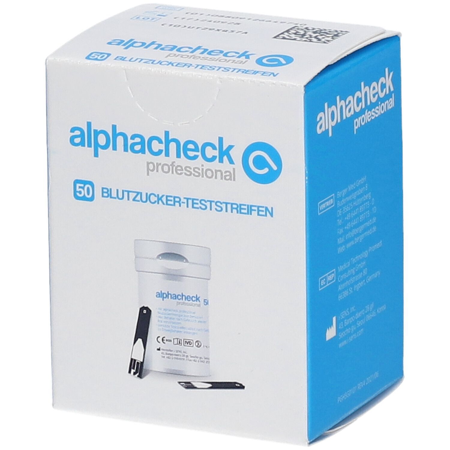 Weiß-blaue Verpackung mit Produktabbildung. Aufschrift: alphacheck professional, 50 Blutzucker-Teststreifen. Beiliegend Teststreifen und Messgerät.