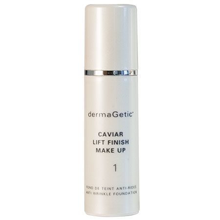 Zylindrische Make-up-Flasche. Weiß mit silbernem Ring. Beschriftung: dermaGetic, Caviar Lift Finish Make Up, Nr. 1. Anti-Falten-Foundation.