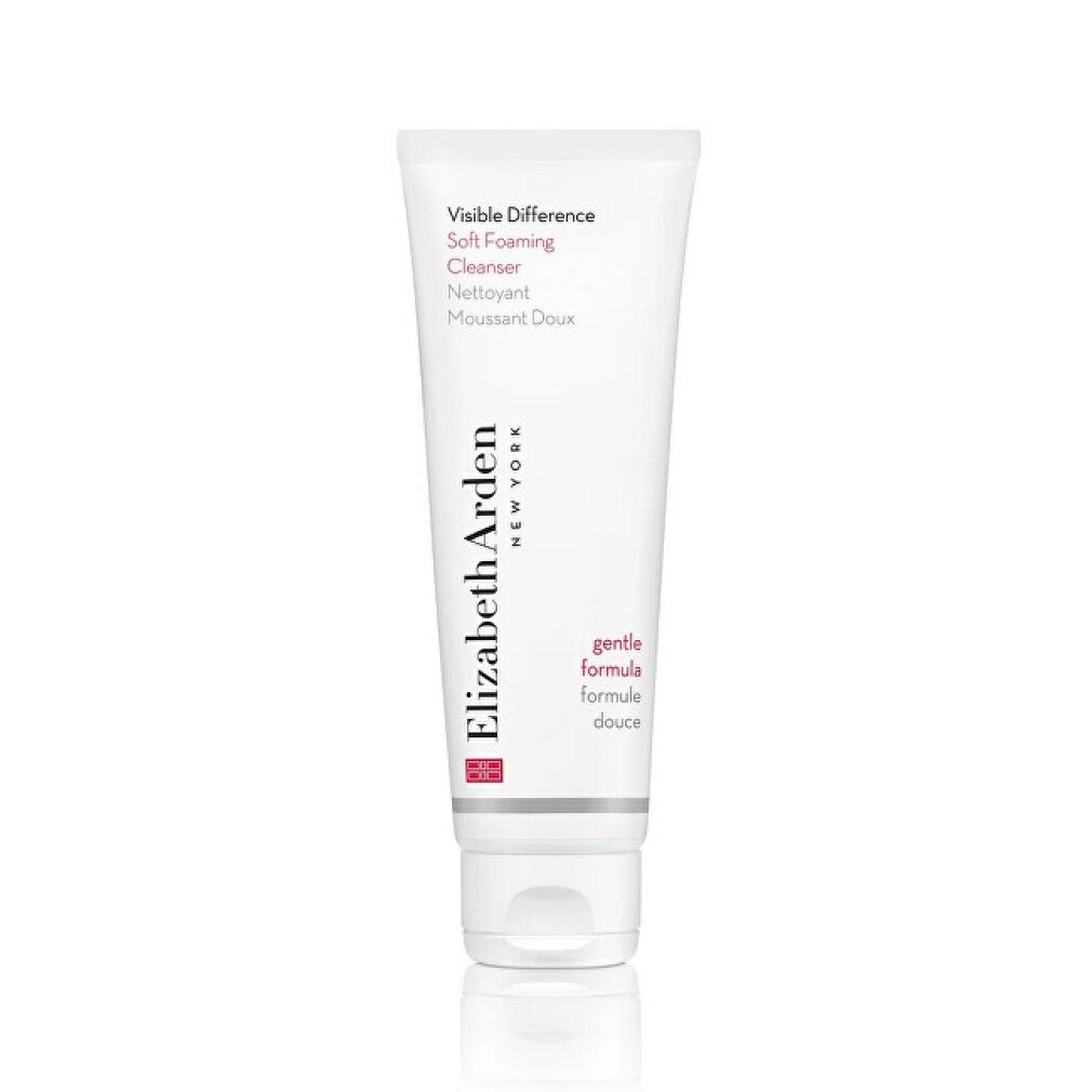 Weiße Tube mit Produktnamen und Markennamen. Text: Visible Difference, Soft Foaming Cleanser, Elizabeth Arden New York.