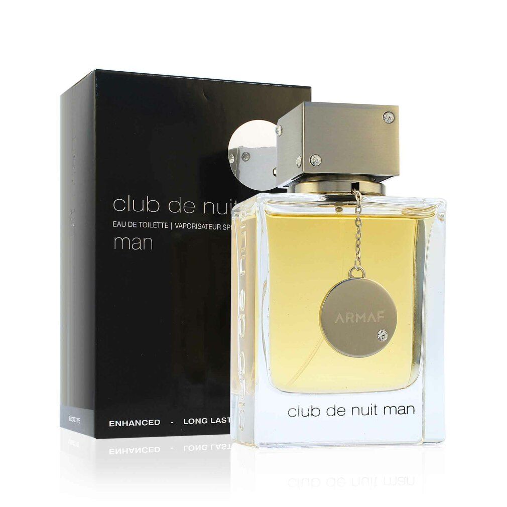 Club de Nuit Man Flakon und Verpackung. Rechteckiger Flakon mit silbernem Verschluss. Schwarze Verpackung mit weißem Kreis.