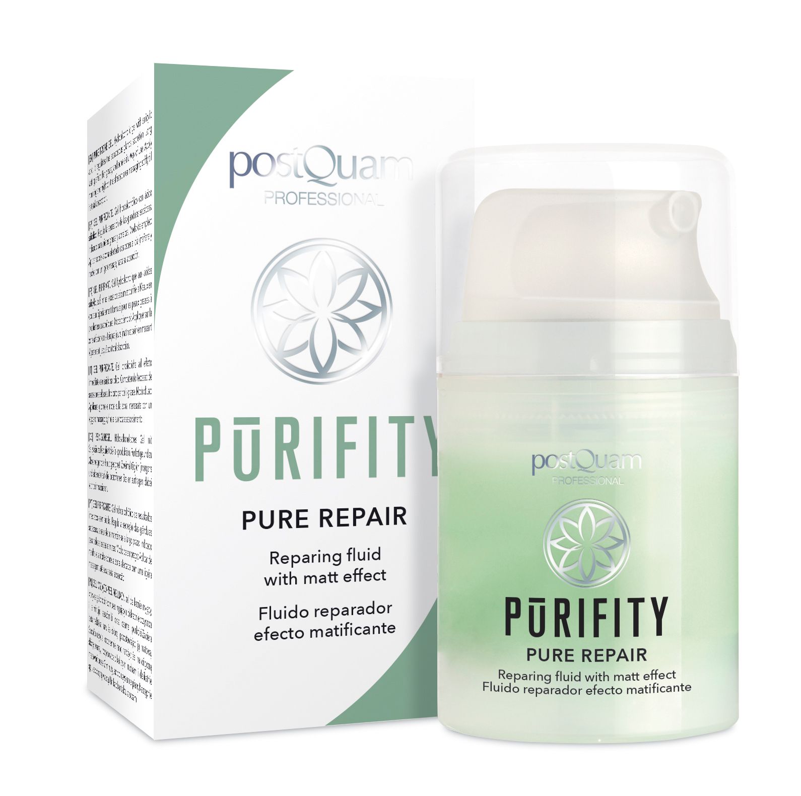 Produktflasche und Verpackung. Aufschrift: PURIFITY PURE REPAIR. Reparierendes Fluid mit Matt-Effekt. Marke: postQuam.