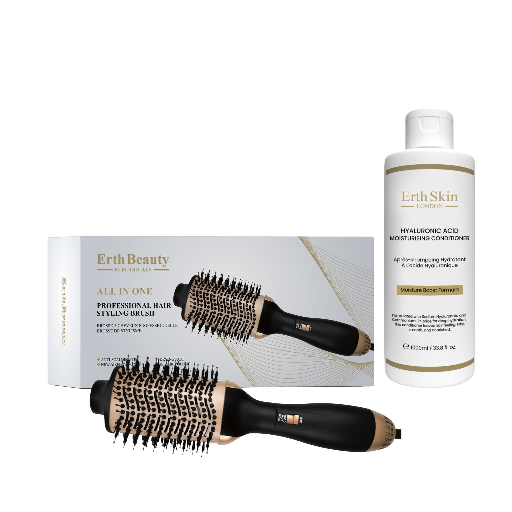 Professioneller Haarstyling-Pinsel mit schwarzem Griff und goldenen Akzenten, daneben eine Flasche Feuchtigkeitsconditioner.