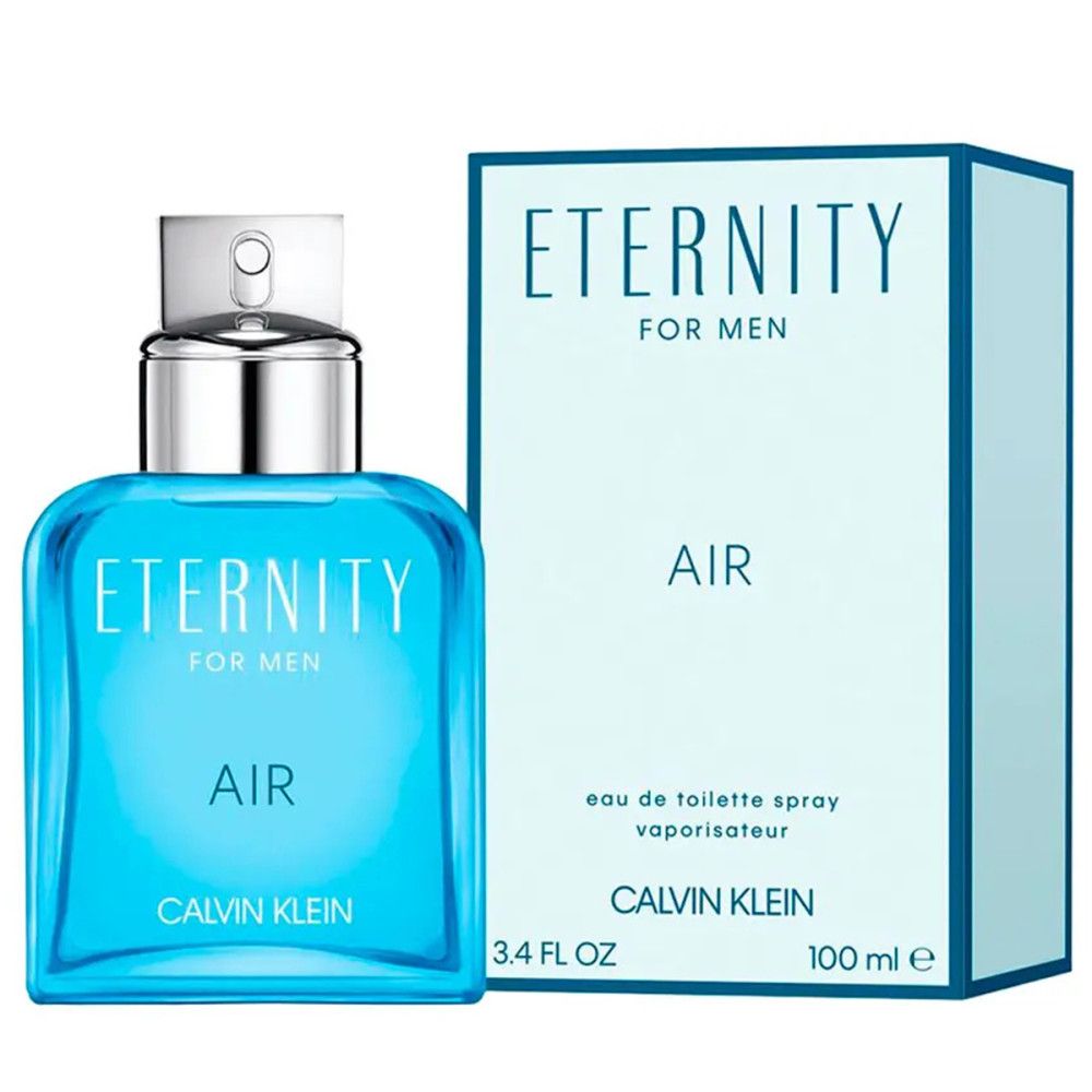 Hellblaues Parfumflakon mit silbernem Deckel und Karton. Aufschrift: Eternity Air For Men, Calvin Klein.