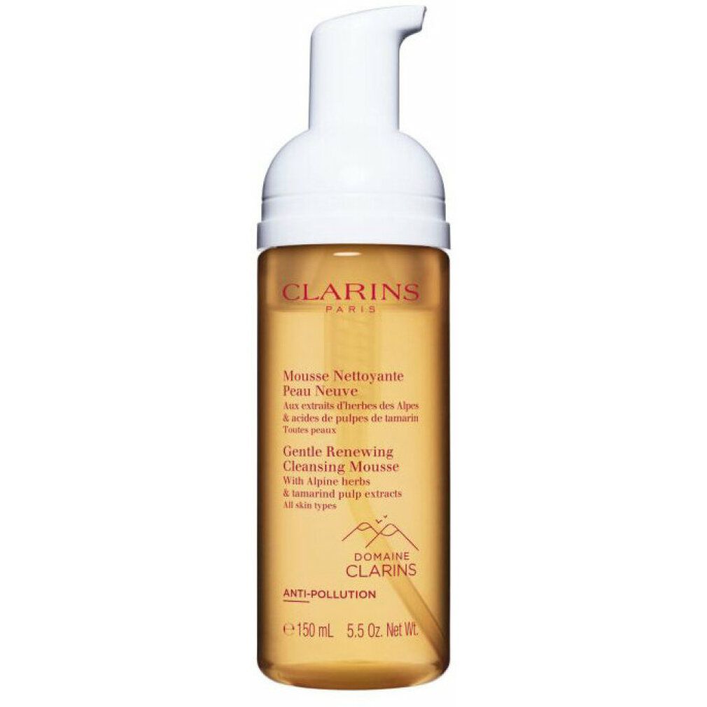 Clarins Gentle Renewing Cleansing Mousse. Flasche mit Pumpverschluss. Klarer Behälter mit gelblicher Flüssigkeit. Text auf Etikett.