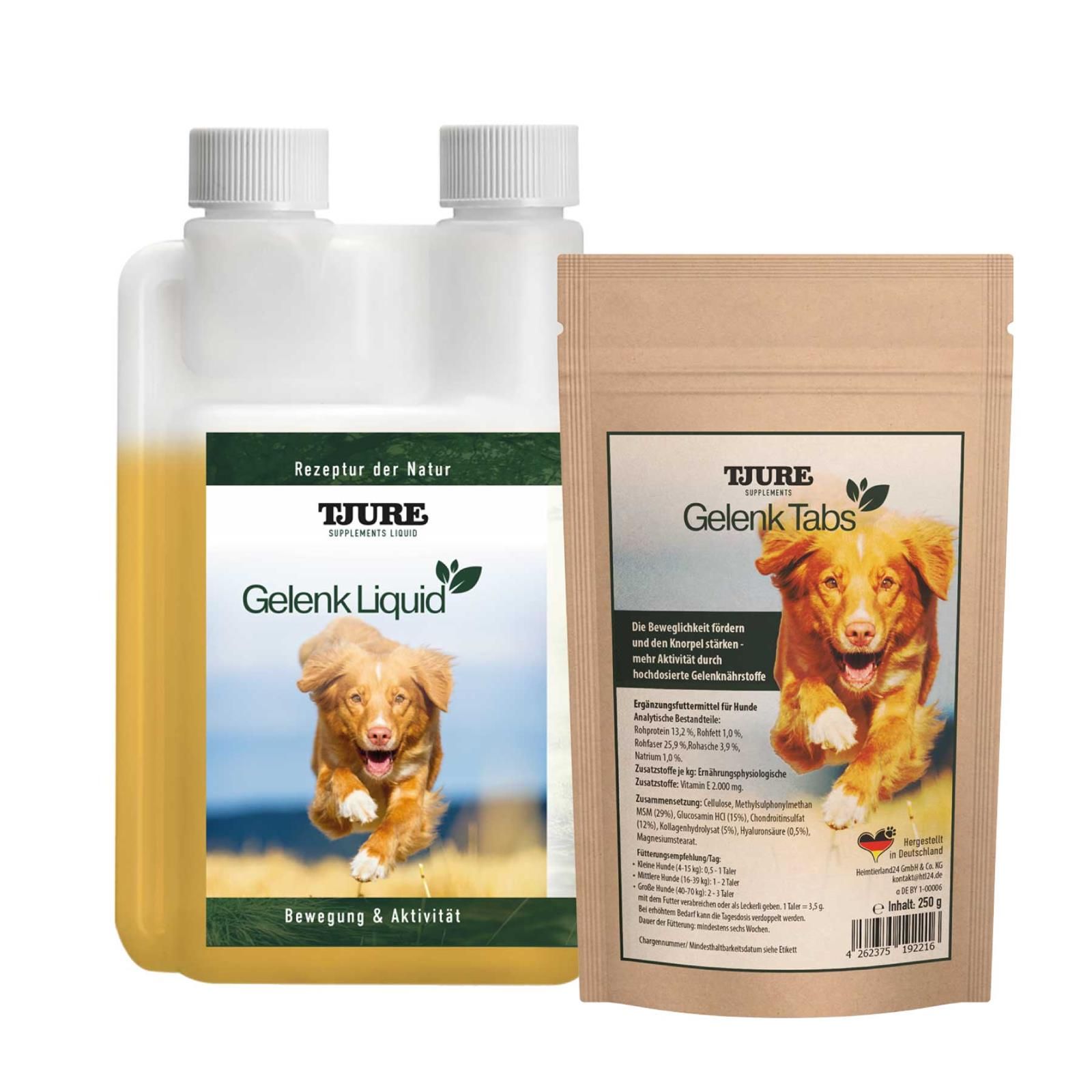 Tjure Gelenk Tabs Beutel und Gelenk Liquid Flasche. Hund auf Etiketten. "Nachhaltig Produziert" Zeichen.