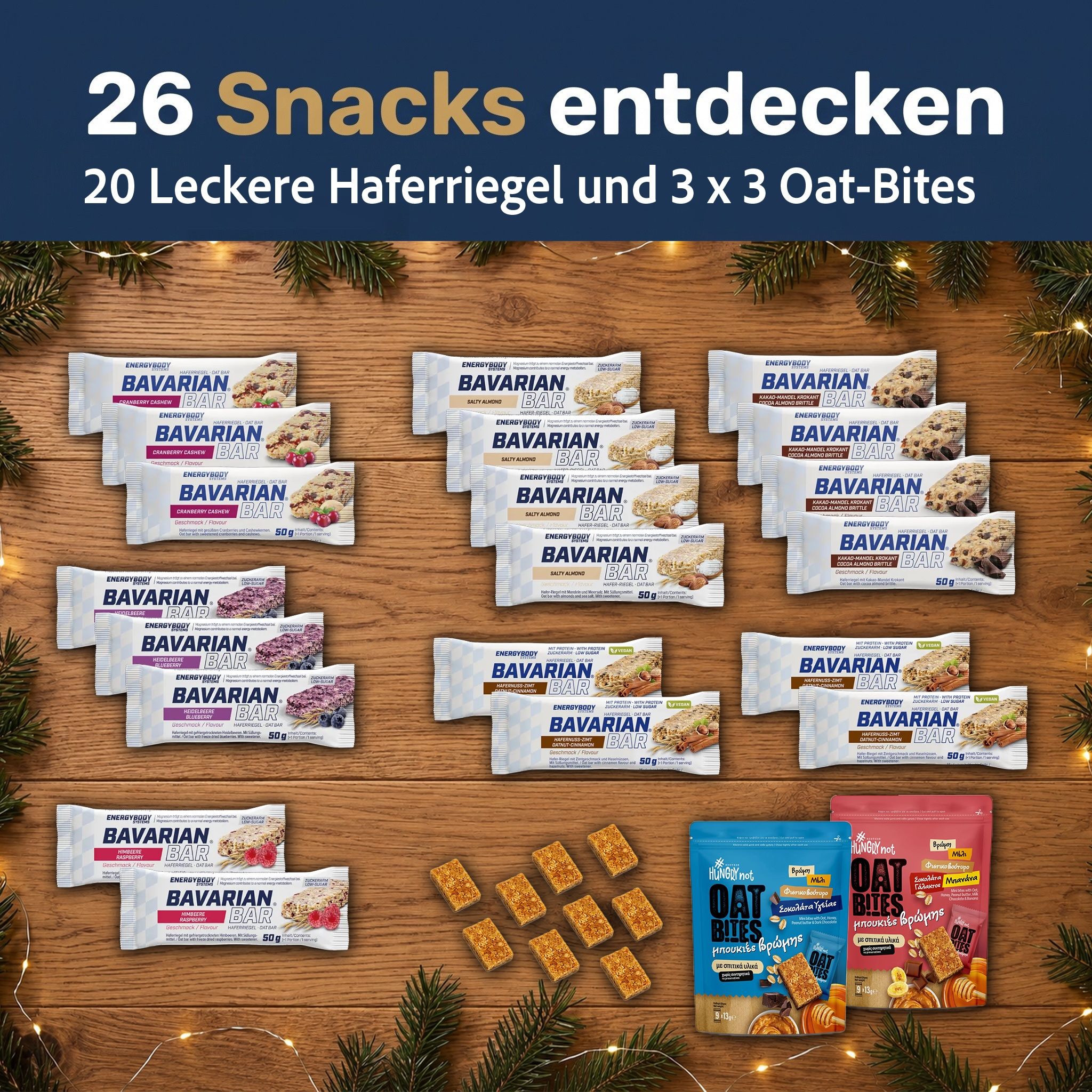 Bayerische Haferriegel und Oat-Bites in verschiedenen Geschmacksrichtungen.