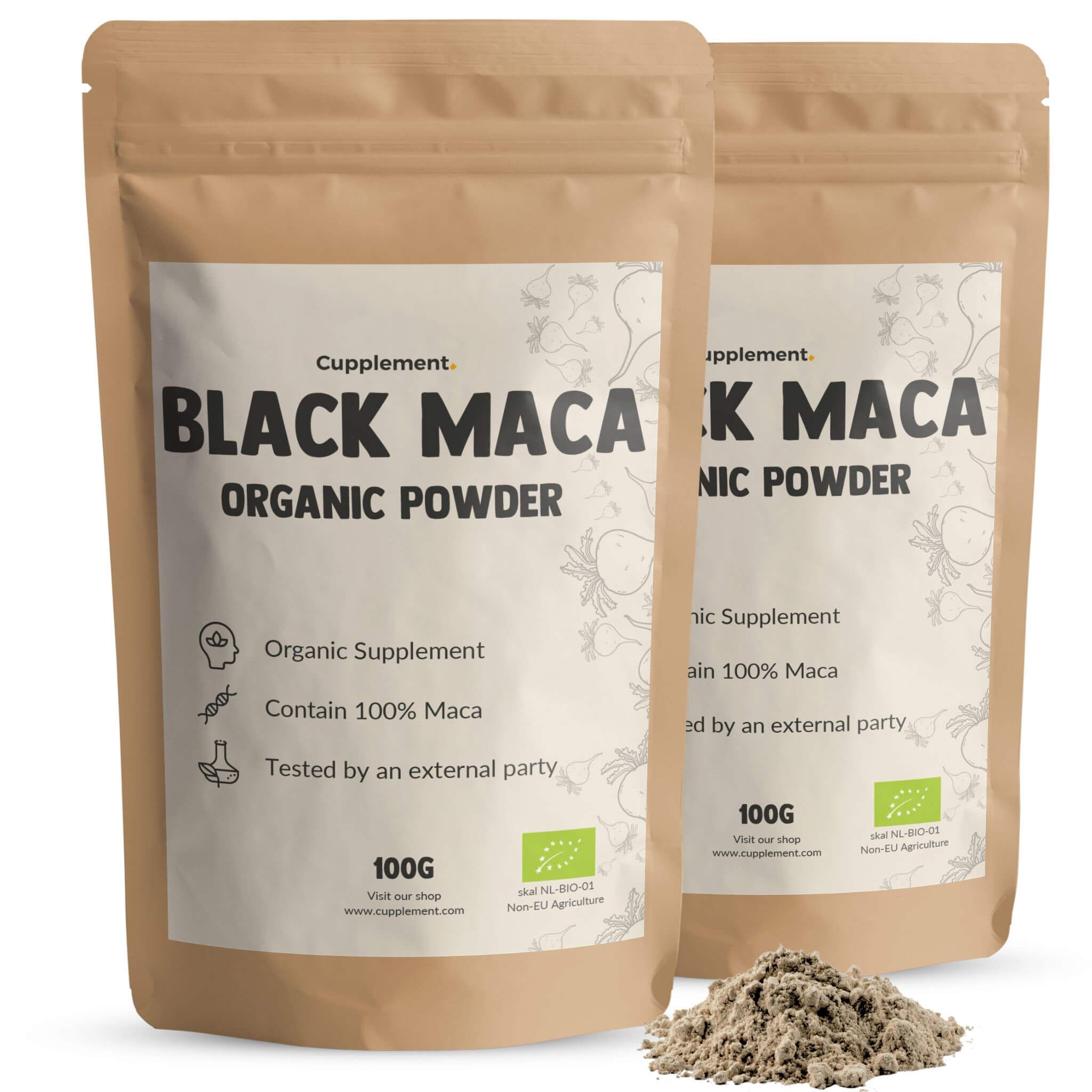 Zwei Beutel Cupplement Black Maca Pulver. Braune Beutel mit weißem Text. 100g. BIO-Siegel.