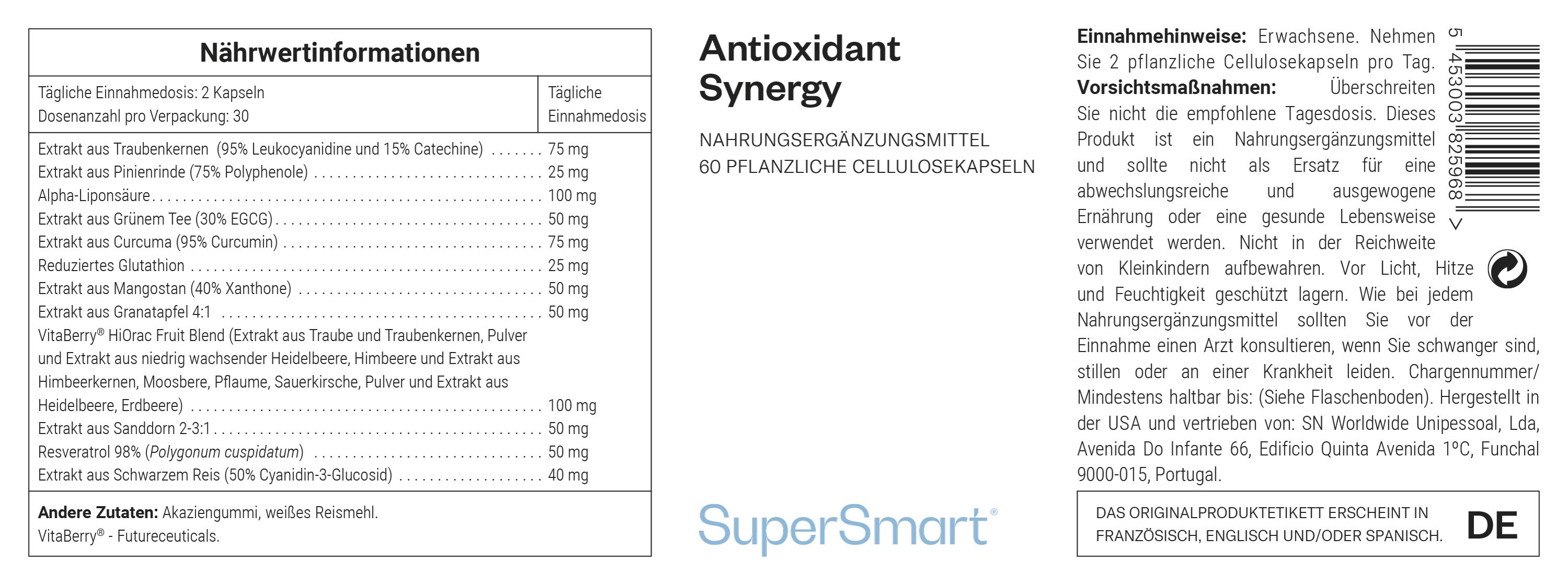 Etikett mit Produktinformationen. Enthält Angaben zu Inhaltsstoffen, Dosierung und Hersteller SuperSmart. Text in Deutsch und Französisch.
