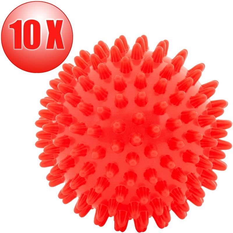Roter Massageball mit Noppen, neben rotem Kreis mit "10 X".
